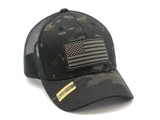 HGP Stars and Stripes American Flag PVC Patch Trucker Hat Multicam Black Camo OSFA
